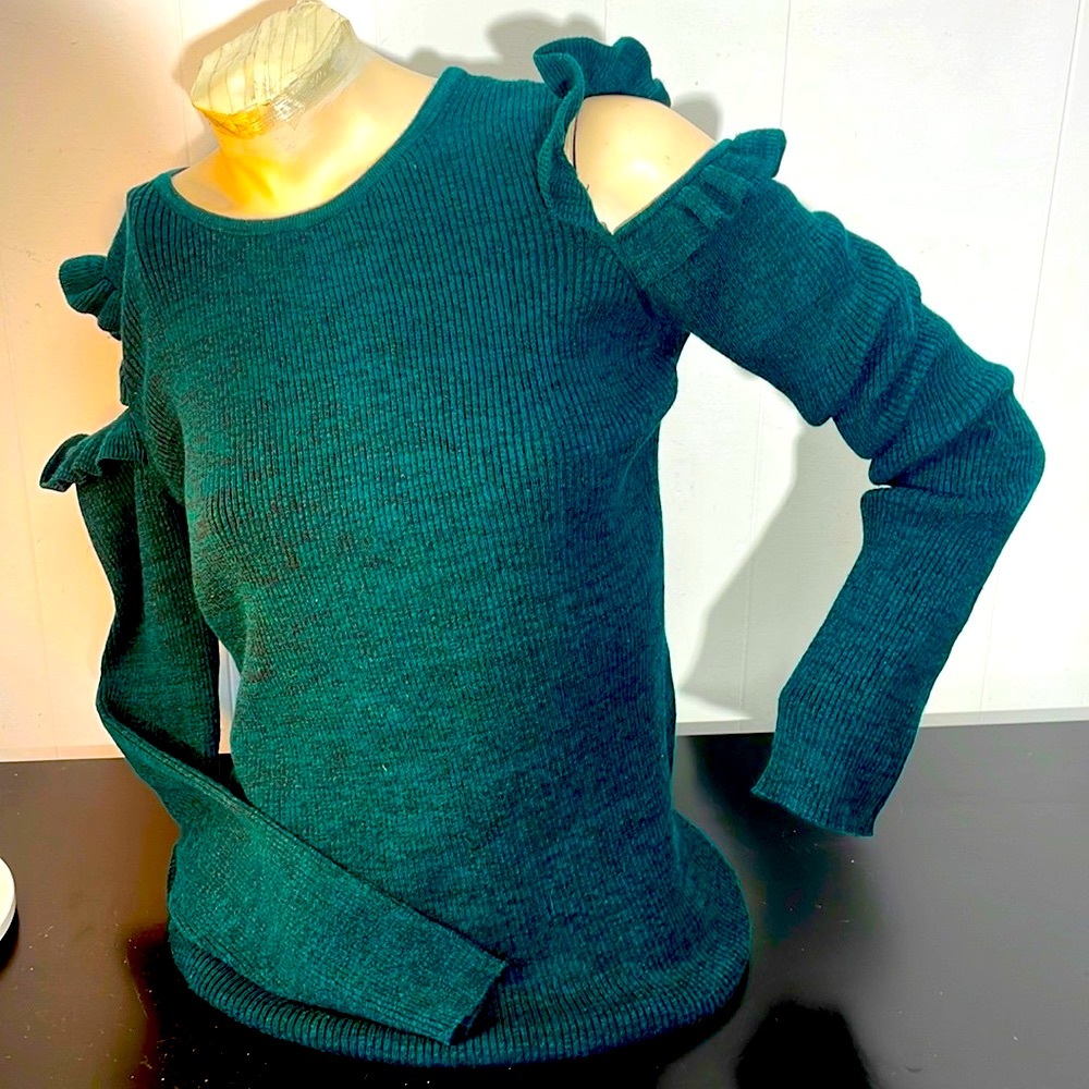 IZ Byer Sweaters | Ruffle Cold Shoulder Stretch Knit Sweater Top